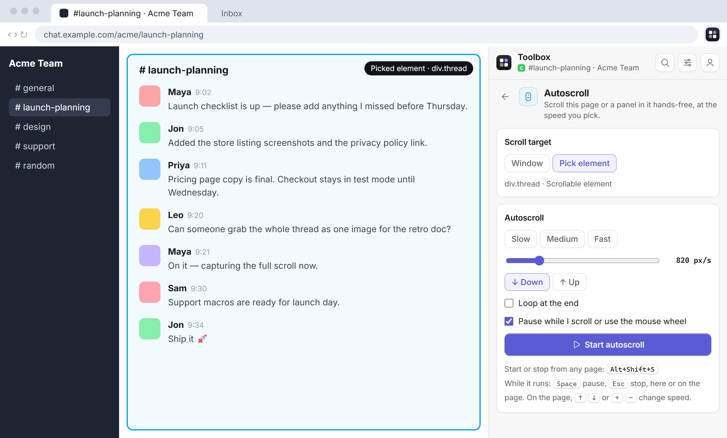Chrome with a chat page open and the Toolbox side panel beside it, set to autoscroll the chat thread