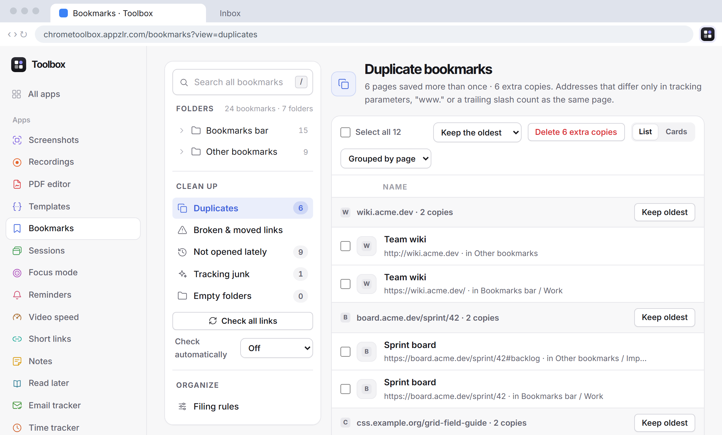 Toolbox bookmark manager listing duplicate bookmarks