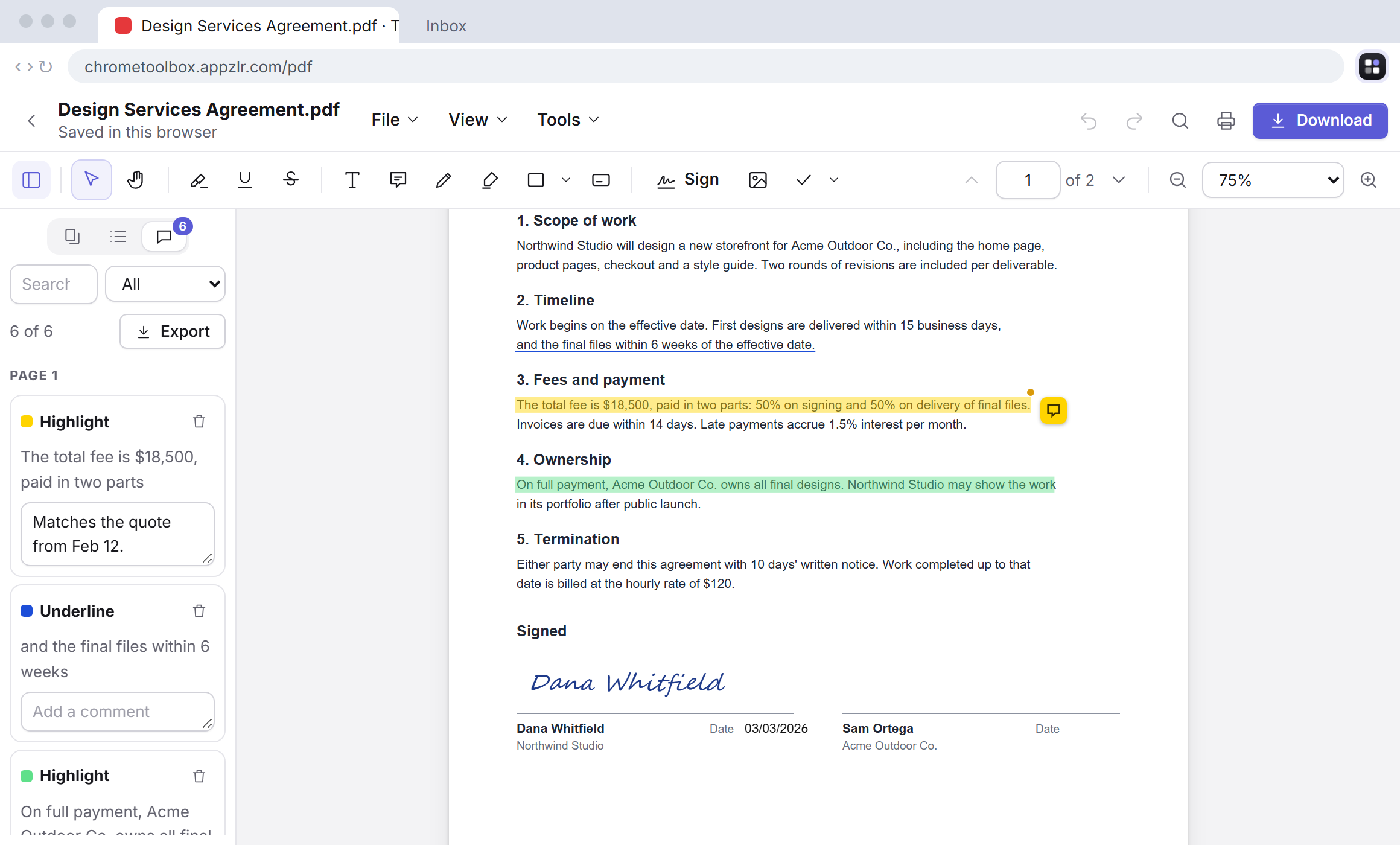 The Toolbox PDF editor with a contract that's highlighted, commented on and signed